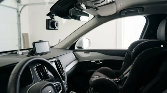 Composition d'accessoires automobiles essentiels incluant dashcam, GPS et siège bébé dans un environnement automobile naturel et réaliste