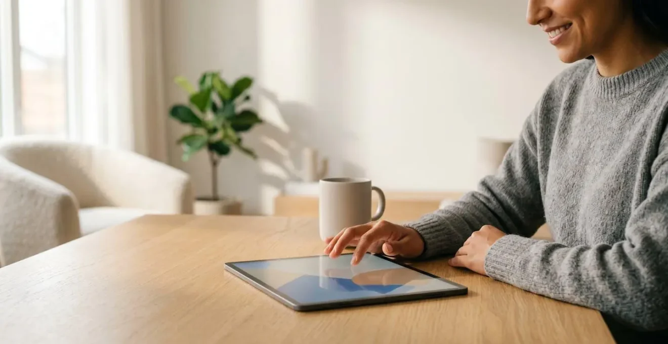 Personne utilisant une tablette pour souscrire une assurance auto en ligne dans un environnement moderne et épuré