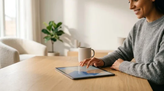 Personne utilisant une tablette pour souscrire une assurance auto en ligne dans un environnement moderne et épuré
