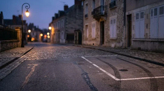 Scène éditoriale montrant un espace de stationnement vide la nuit avec traces de pneus, évoquant la disparition d'un véhicule