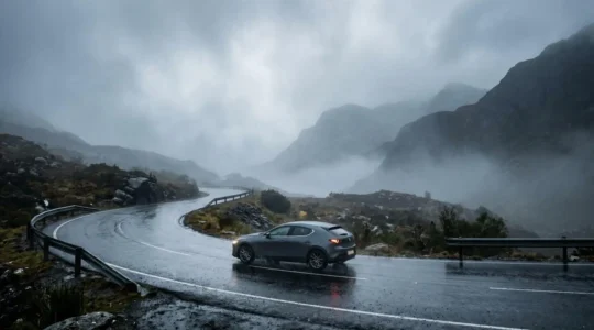 Conducteur maîtrisant son véhicule sur route par conditions météo difficiles