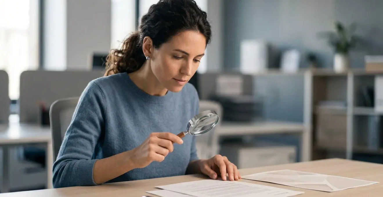 Personne analysant attentivement un document de contrat d'assurance automobile avec une loupe
