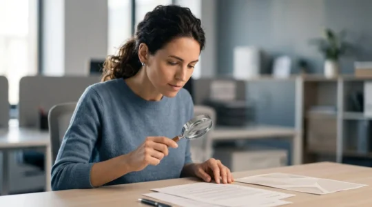 Personne analysant attentivement un document de contrat d'assurance automobile avec une loupe