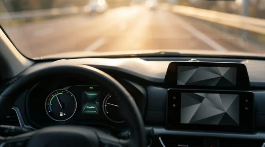 Tableau de bord moderne affichant des indicateurs d'éco-conduite et de consommation de carburant optimisée