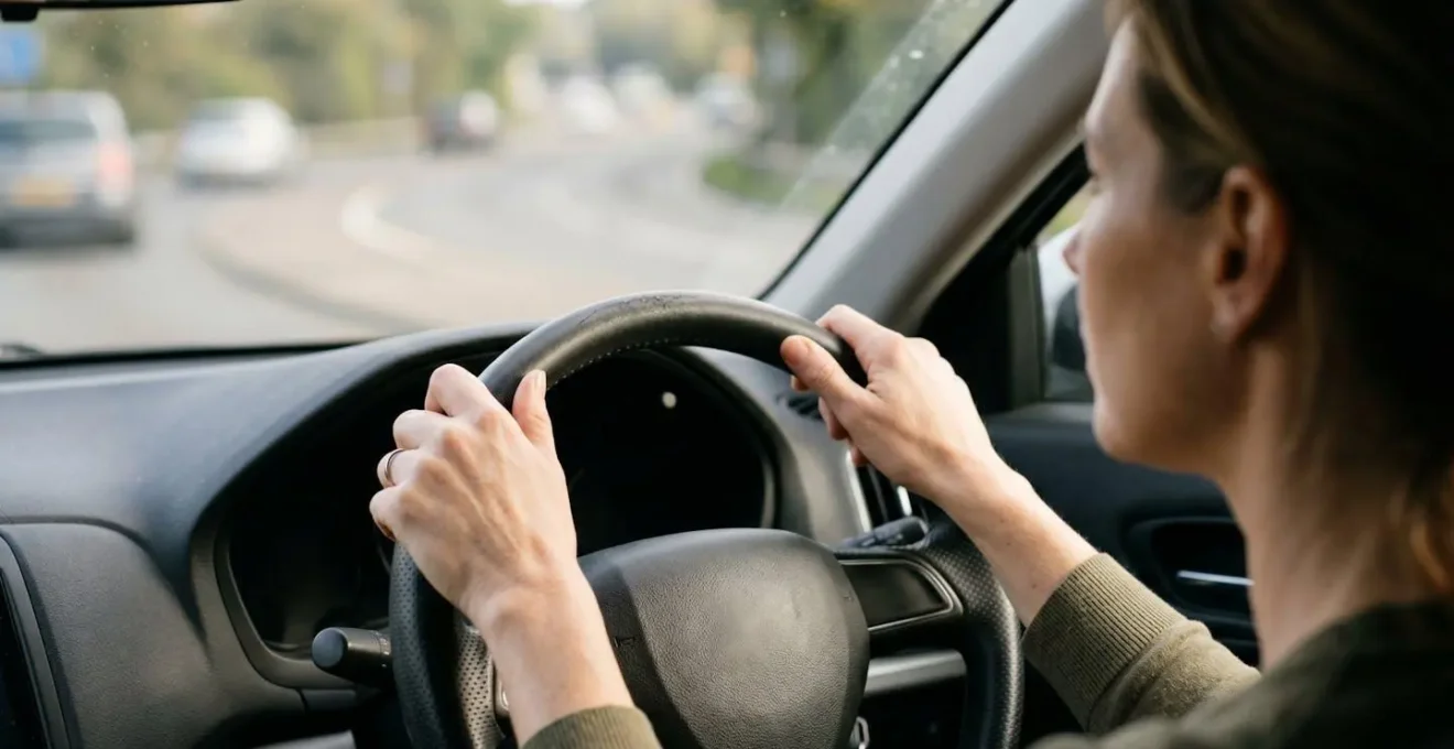 Mains de conducteur sur volant adoptant une conduite fluide et anticipative pour réduire consommation et accidents