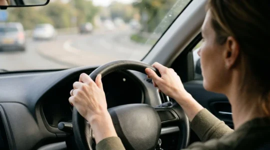 Mains de conducteur sur volant adoptant une conduite fluide et anticipative pour réduire consommation et accidents