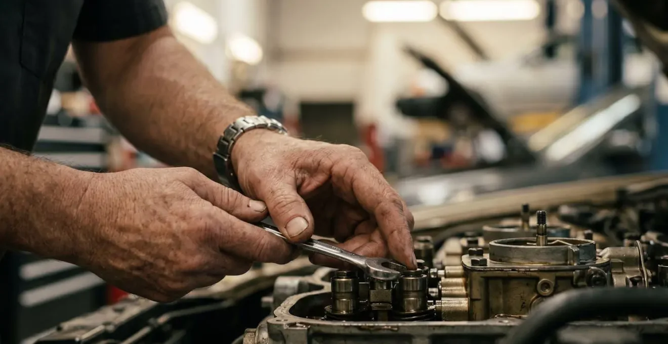 Gros plan sur des mains de mécanicien effectuant un entretien automobile professionnel, mettant en valeur la technicité et la précision du geste