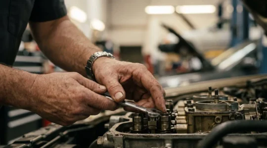 Gros plan sur des mains de mécanicien effectuant un entretien automobile professionnel, mettant en valeur la technicité et la précision du geste