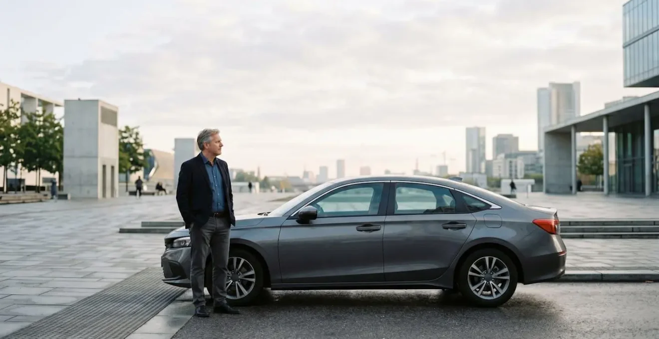 Vue large d'un conducteur réfléchissant face à son véhicule, symbolisant le choix stratégique de la franchise d'assurance automobile