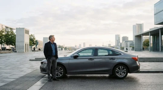 Vue large d'un conducteur réfléchissant face à son véhicule, symbolisant le choix stratégique de la franchise d'assurance automobile