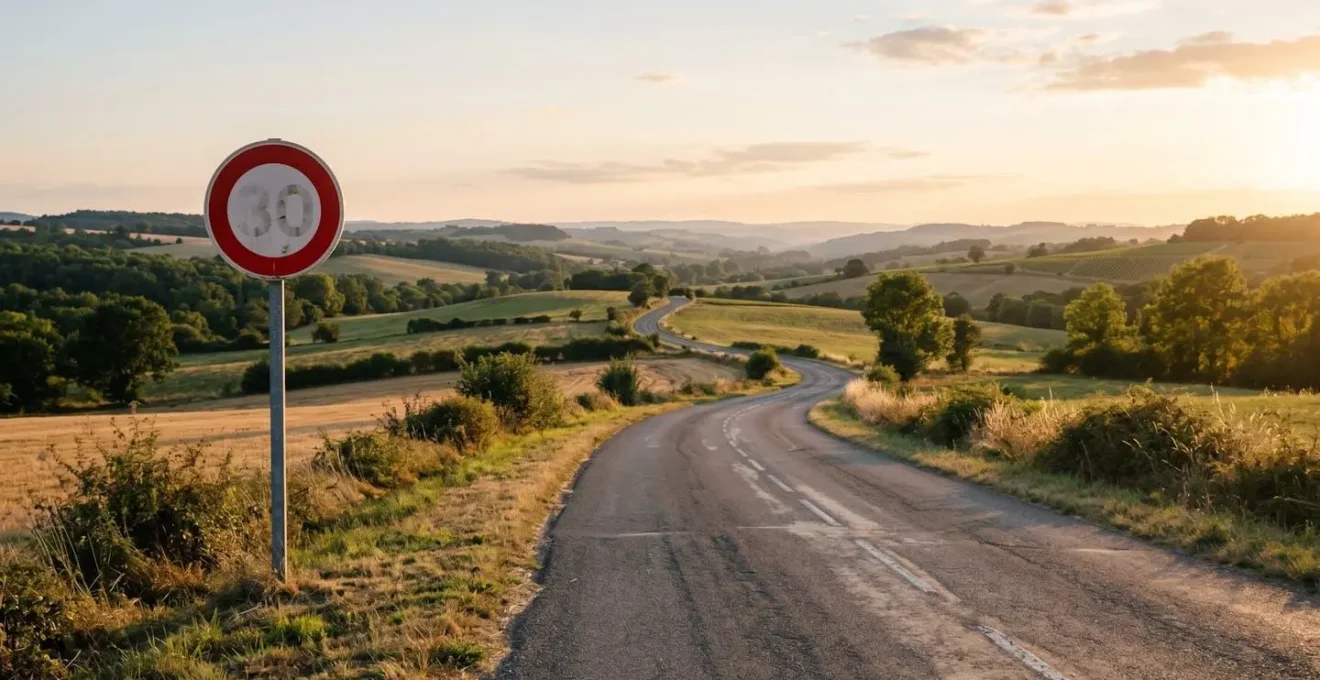 Vue panoramique d'une route française sinueuse traversant un paysage naturel avec panneaux de limitation de vitesse