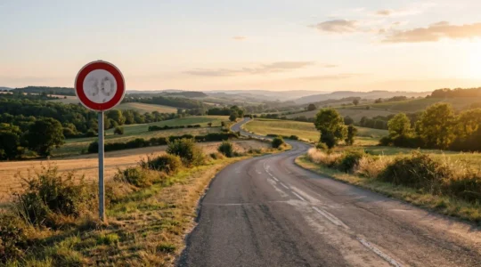 Vue panoramique d'une route française sinueuse traversant un paysage naturel avec panneaux de limitation de vitesse