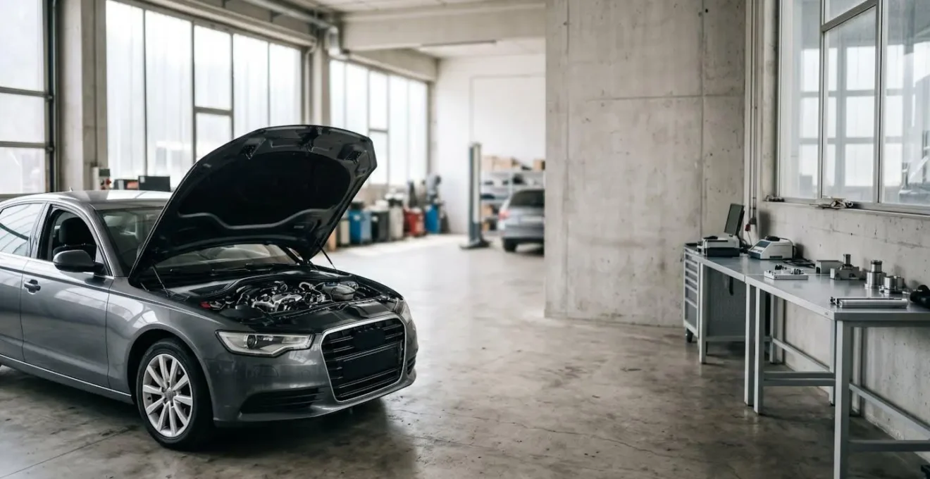 Mécanicien effectuant un diagnostic sous le capot d'un véhicule dans un atelier automobile professionnel