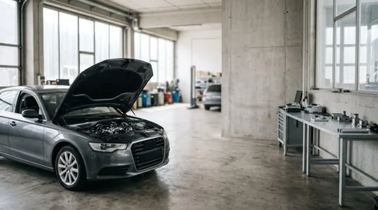 Mécanicien effectuant un diagnostic sous le capot d'un véhicule dans un atelier automobile professionnel