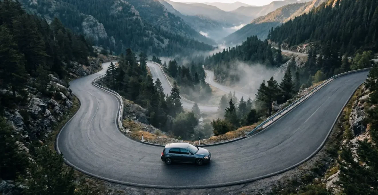 Vue dynamique d'un véhicule en situation de perte d'adhérence dans un virage, avec mise en avant de la physique du contrôle automobile