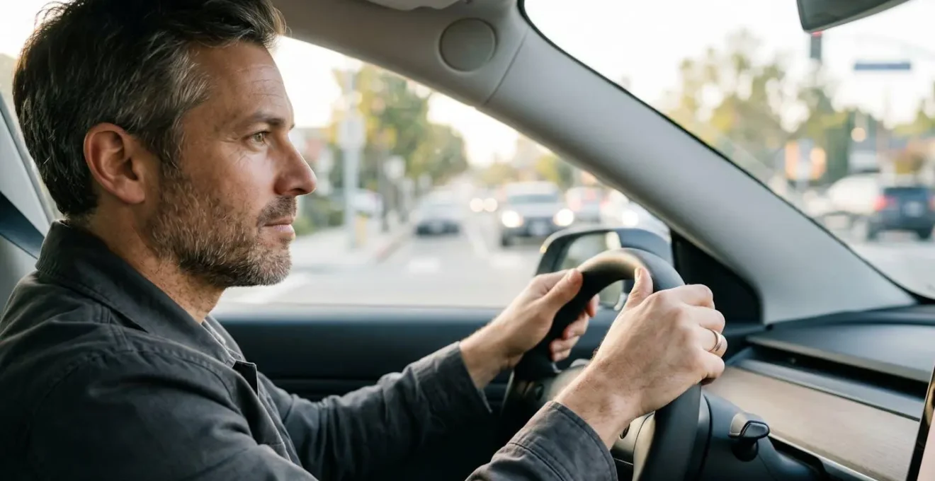 Conducteur concentré au volant, mains sur le volant en position sécuritaire, avec un environnement routier quotidien visible par le pare-brise