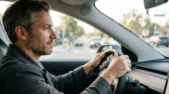 Conducteur concentré au volant, mains sur le volant en position sécuritaire, avec un environnement routier quotidien visible par le pare-brise