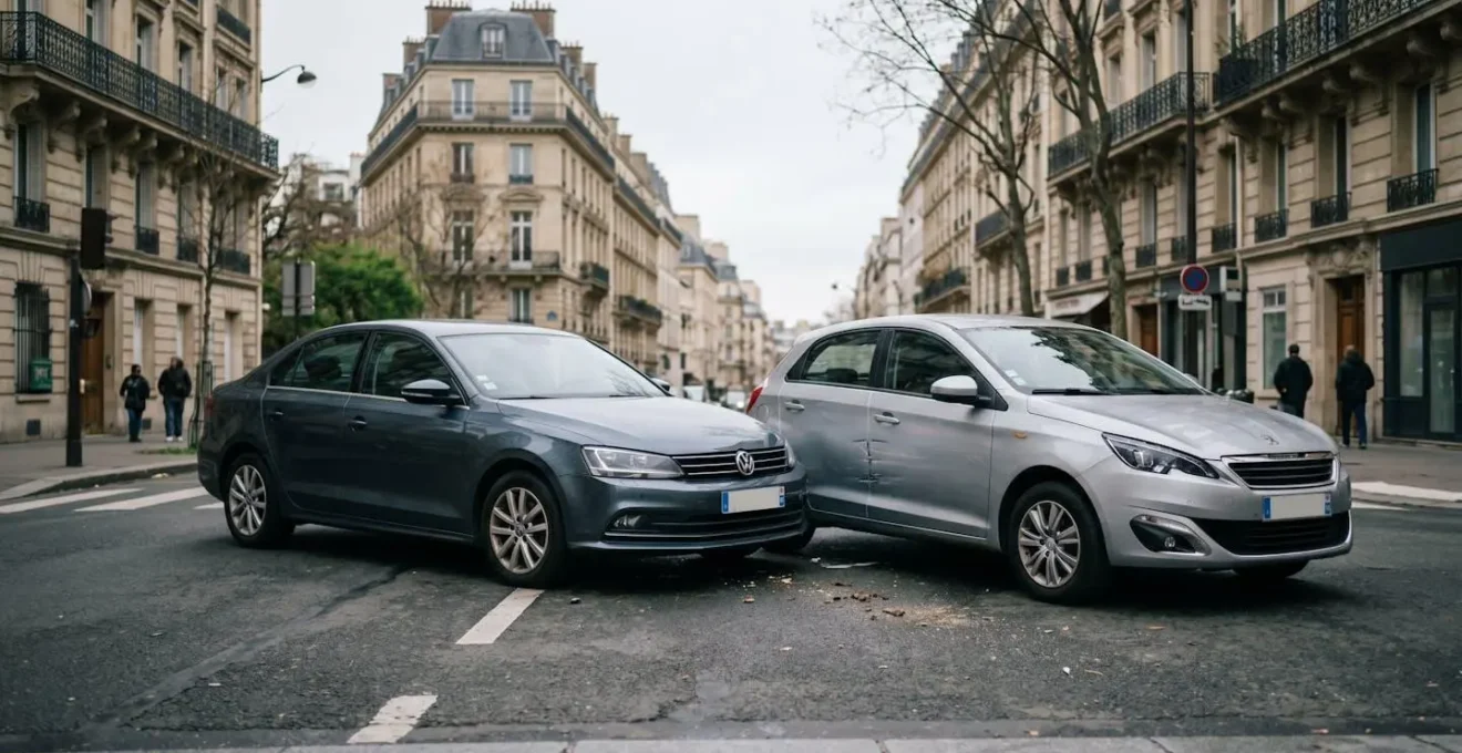 Scène d'accident automobile sur route avec véhicules impliqués dans contexte urbain