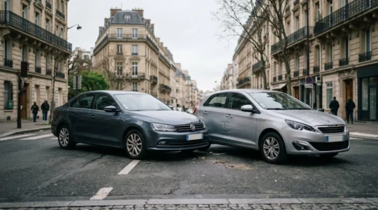 Scène d'accident automobile sur route avec véhicules impliqués dans contexte urbain