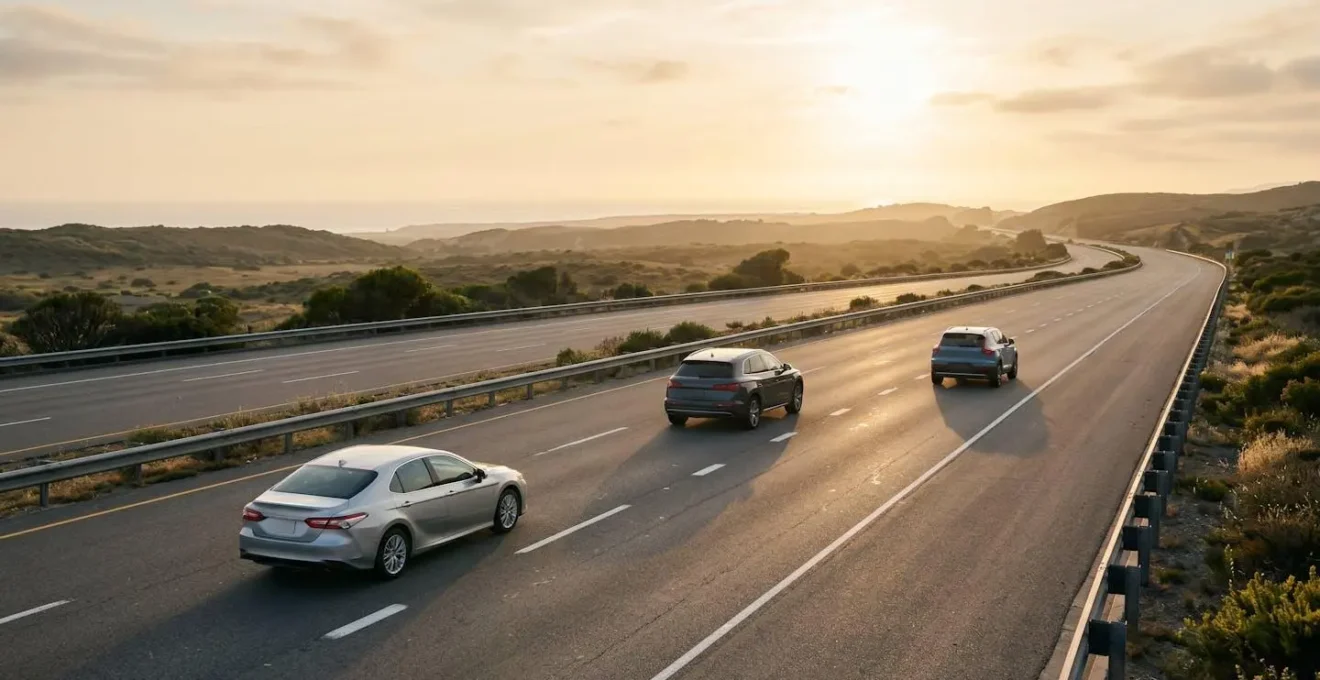 Vue en perspective d'une autoroute avec des véhicules espacés respectant la règle des 2 secondes