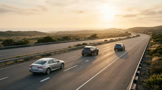 Vue en perspective d'une autoroute avec des véhicules espacés respectant la règle des 2 secondes