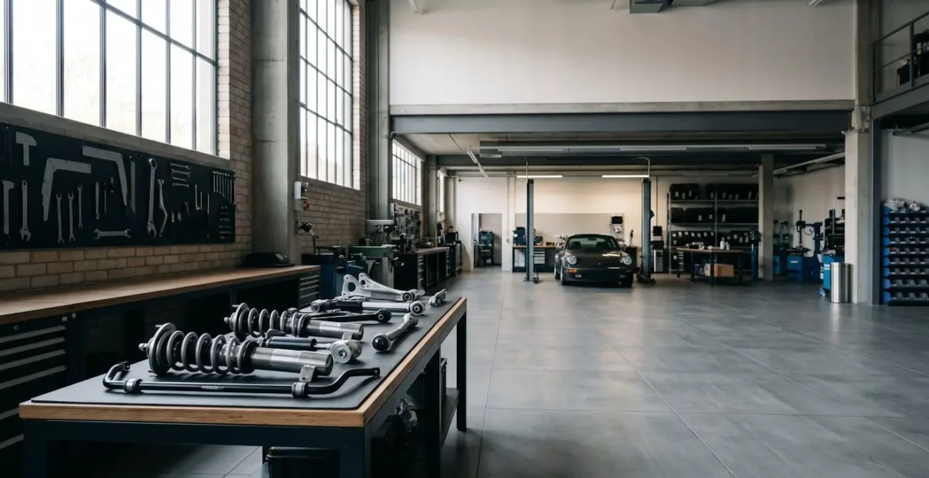 Vue large d'un atelier automobile moderne avec projecteurs suspendus et outils spécialisés, mettant en valeur l'environnement technique du tuning légal
