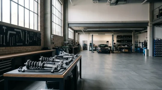 Vue large d'un atelier automobile moderne avec projecteurs suspendus et outils spécialisés, mettant en valeur l'environnement technique du tuning légal