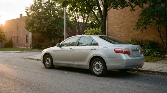 Voiture de plus de dix ans stationnée dans un environnement urbain calme illustrant la réflexion sur le choix de l'assurance au tiers