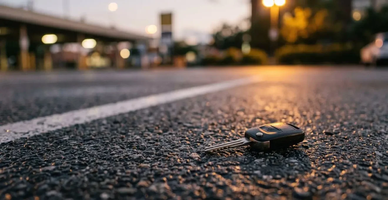Scène réaliste montrant les conséquences d'un vol de voiture avec focus sur les démarches d'indemnisation