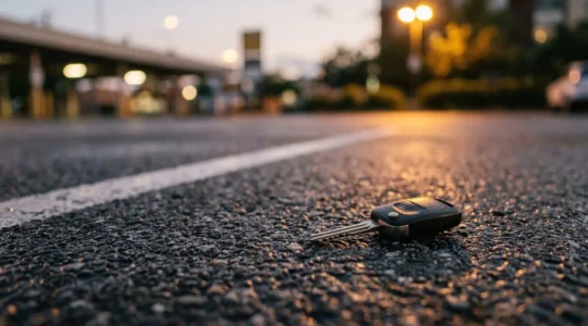 Scène réaliste montrant les conséquences d'un vol de voiture avec focus sur les démarches d'indemnisation